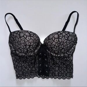 Victoria's Secret Padded Demi Black Lace Bra 32C Zip Back Bralette Lace Up Front